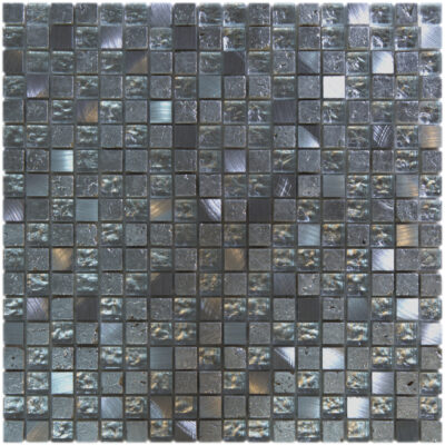 Mosaico in metallo, vetro e pietra color argento su rete